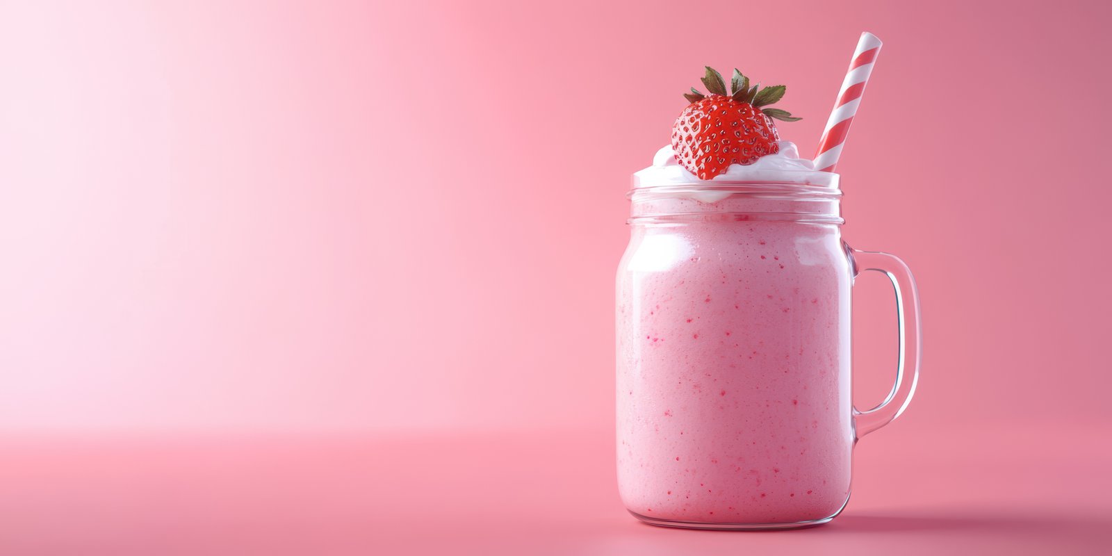 Refreshing strawberry smoothie served in a jar with whipped cream and a striped straw on a pink background
